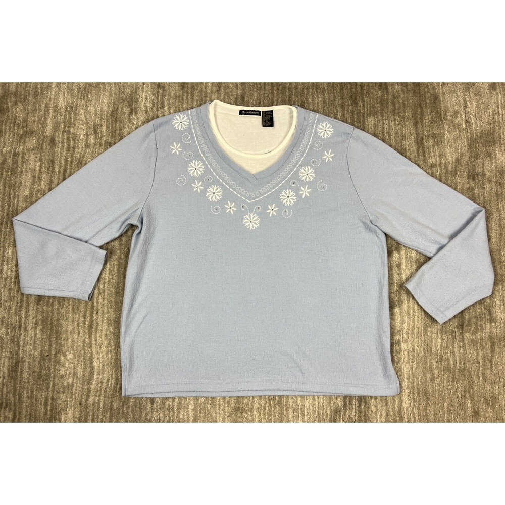 Speculation Top Womens XL Blue Floral Embroidered Beaded Layered V-Neck Long Slv